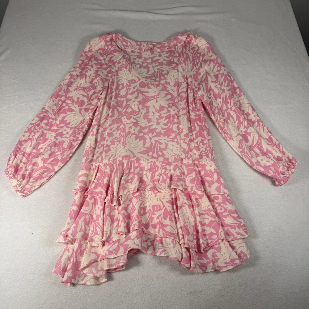 Free People Floral Tunic Dress Womens Size S Pink Rayon Boho Ruffle Tiered Mini